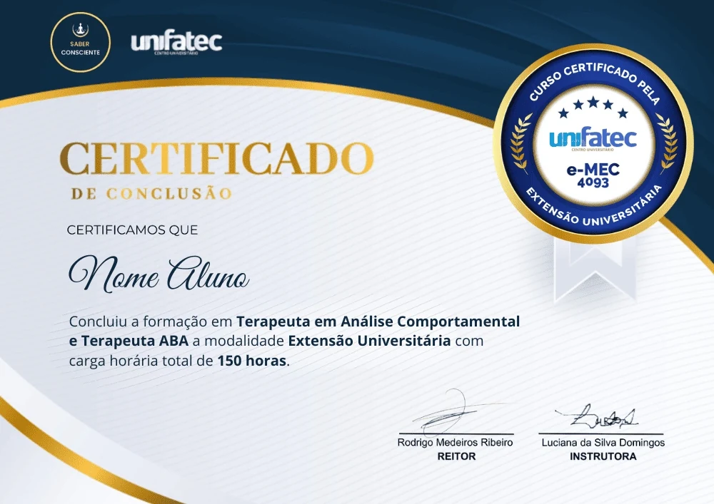 Modelo de certificado de extensão universitária de 150h emitido pela UNIFATEC